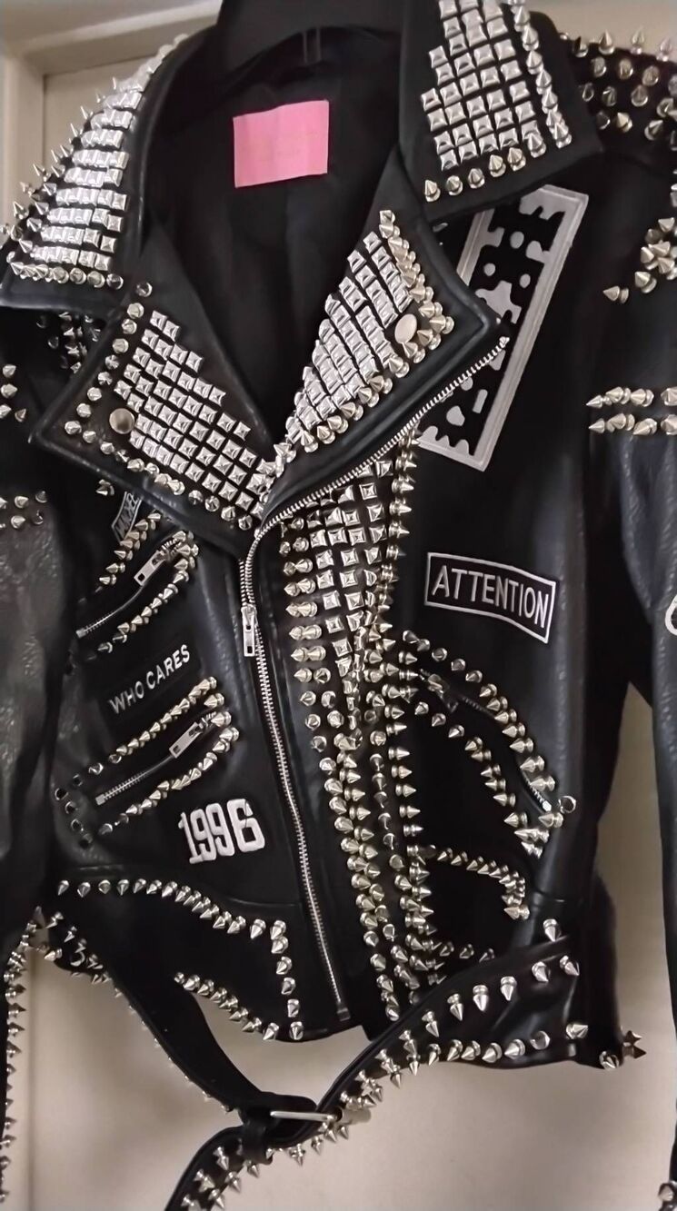 NWOT~AZALEA WANG Black AC/DC Punk Rock Studded Patchwork Moto Jacket Sz XL - Picture 2 of 11